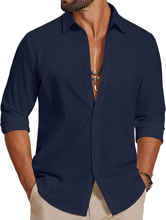 COOFANDY Men's Casual Button Down Shirts Long Sleeve Cotton Beach Wedding Shirt Summer Linen Shirt for Men