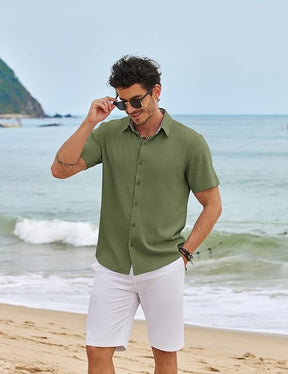 COOFANDY Men's Saint Patrick's Day Green Linen Shirt Short Sleeve Button Down Casual Plaid Collar Summer Beach Shirt