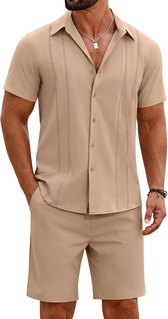 COOFANDY Men's 2 Piece Outfits Cuban Guayabera Short Sleeve Shirts and Shorts Summer Beach Vacation Sets for Men