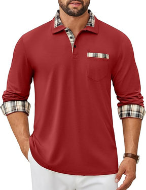 COOFANDY Men's Polo Shirt Long Sleeve Casual Button Polo Tee Plaid Collared Golg Shirt with Pocket