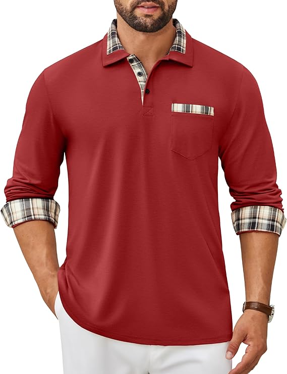 COOFANDY Men's Polo Shirt Long Sleeve Casual Button Polo Tee Plaid Collared Golg Shirt with Pocket