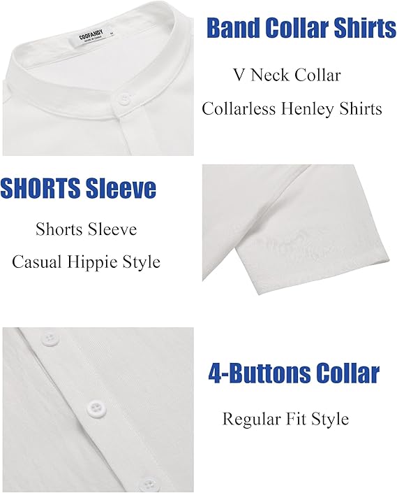 COOFANDY Men's Casual Henley Shirt Short Sleeve Summer Shirts Linen Band Collar Summer Beach Hippie T-Shirts