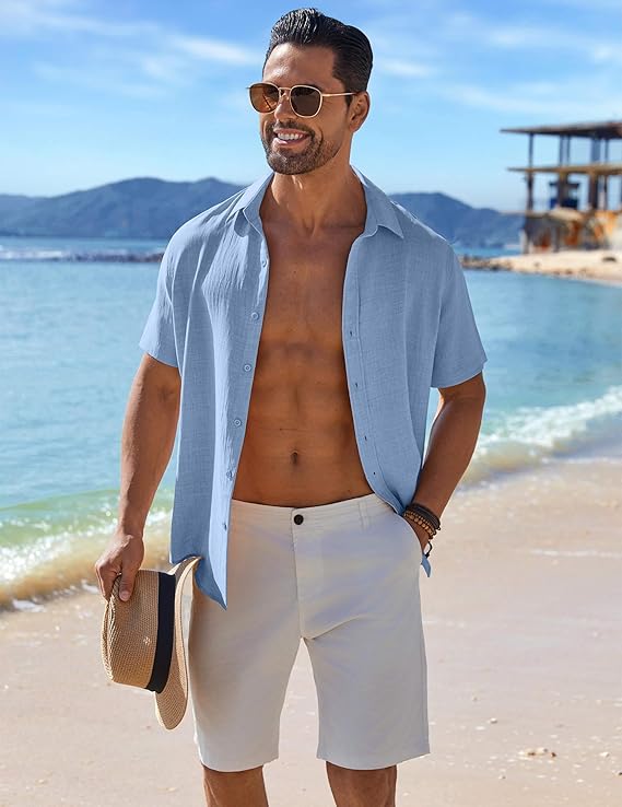 COOFANDY Men's Casual Button Down Shirts Short Sleeve Textured Summer Beach Shirt