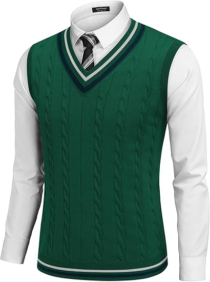 COOFANDY Men's Sweater Vest V Neck Casual Sleeveless Pullover Striped Cable Knit Sweater Vest