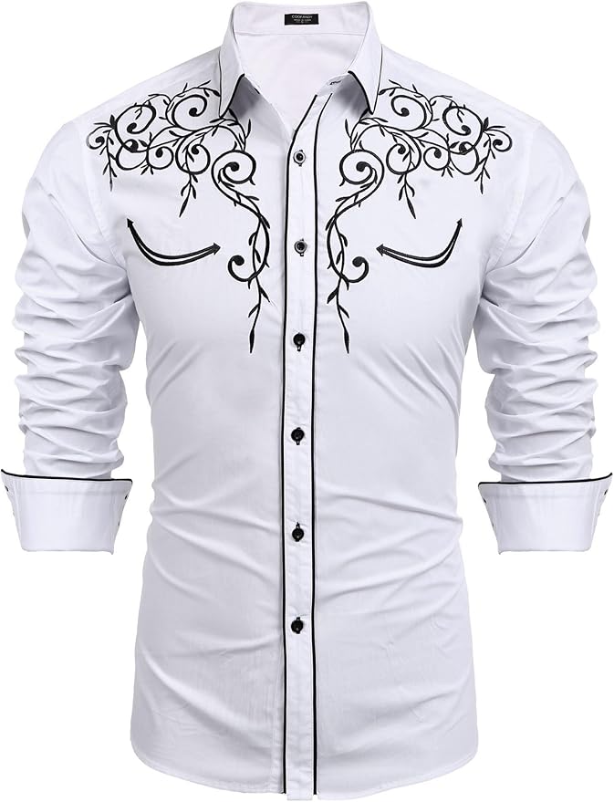 COOFANDY Men's Western Cowboy Shirts Long Sleeve Embroidered Shirt Slim Fit Casual Button Down Shirts