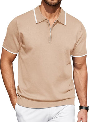 COOFANDY Men's Zipper Polo Slim Fit Shirt Knitted Spiral Cuffs Basic Tee