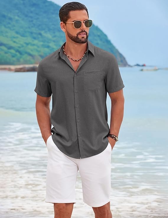 COOFANDY Men's Short Sleeve Casual Button Down Shirts Summer Beach Wedding Textured Linen Shirt for Men