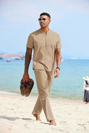COOFANDY Mens 2 Pieces Cotton Linen Sets Short Sleeve Casual Henley Shirt Summer Beach Pants Lounge Vacation Outfits Set