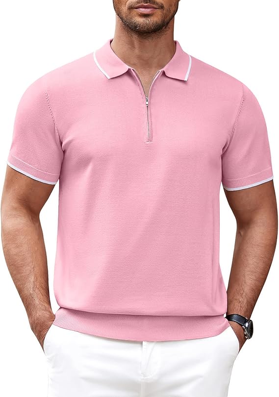 COOFANDY Men's Zipper Polo Slim Fit Shirt Knitted Spiral Cuffs Basic Tee