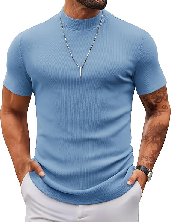 COOFANDY Mens Mock Turtleneck Sweater Short Sleeve Slim Fit Turtle Neck Sweaters Casual Basic Tee Ribbed Knit Pullover Tops