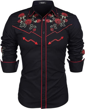 COOFANDY Men's Western Cowboy Long Sleeve Embroidered Slim Fit Cotton Casual Button Down Shirt