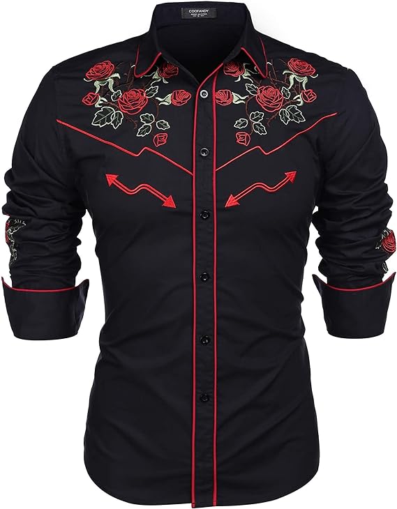 COOFANDY Men's Western Cowboy Long Sleeve Embroidered Slim Fit Cotton Casual Button Down Shirt