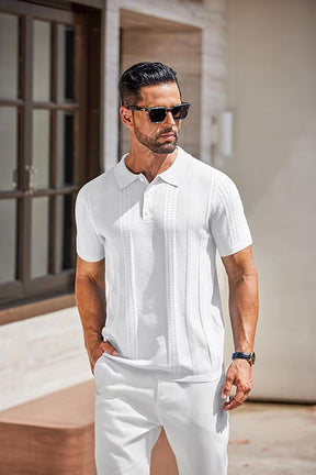COOFANDY Mens Knit Polo Shirts Short Sleeve Textured Button Down Polo Shirt Cuban Guayabera Summer Beach Shirts