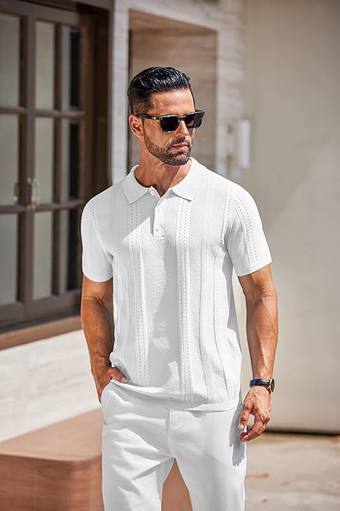 COOFANDY Mens Knit Polo Shirts Short Sleeve Textured Button Down Polo Shirt Cuban Guayabera Summer Beach Shirts