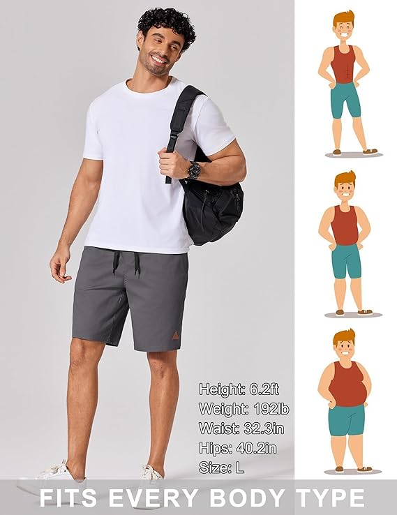 COOFANDY Mens 9" Casual Shorts with Zipper Pocket Elastic Waist Drawstring Chinos Short Summer Lightweight Cotton Shorts