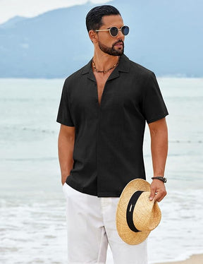 COOFANDY Men's Cotton Shirts Short Sleeve Button Down Shirts Casual Beach Summer Cuban Collar Shirt
