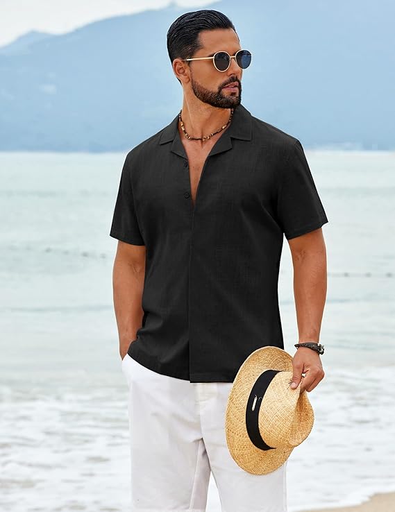 COOFANDY Men's Cotton Shirts Short Sleeve Button Down Shirts Casual Beach Summer Cuban Collar Shirt
