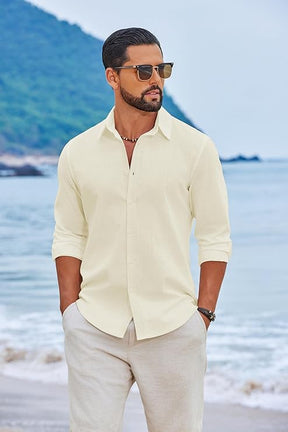 COOFANDY Men's Casual Button Down Shirts Long Sleeve Cotton Beach Wedding Shirt Summer Linen Shirt for Men