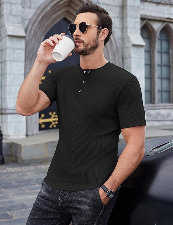 COOFANDY Mens Henley Shirts Short Sleeve Tshirt Basic Button Tees Summer Ribbed Pocket T Shirt Casual Stretch Tops