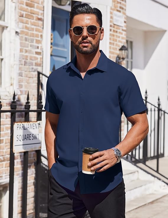 COOFANDY Mens Dress Shirts Button Down Short Sleeve Shirt Summer Shirts Business Casual Wedding Shirt
