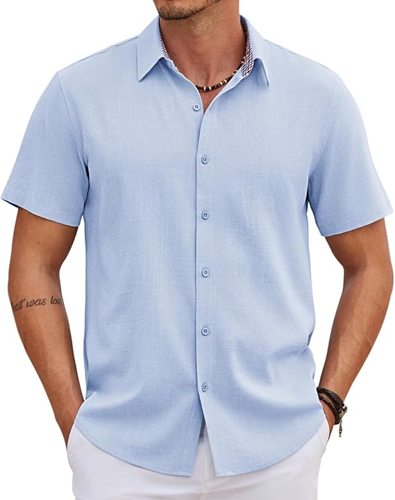 COOFANDY Men's Saint Patrick's Day Green Linen Shirt Short Sleeve Button Down Casual Plaid Collar Summer Beach Shirt