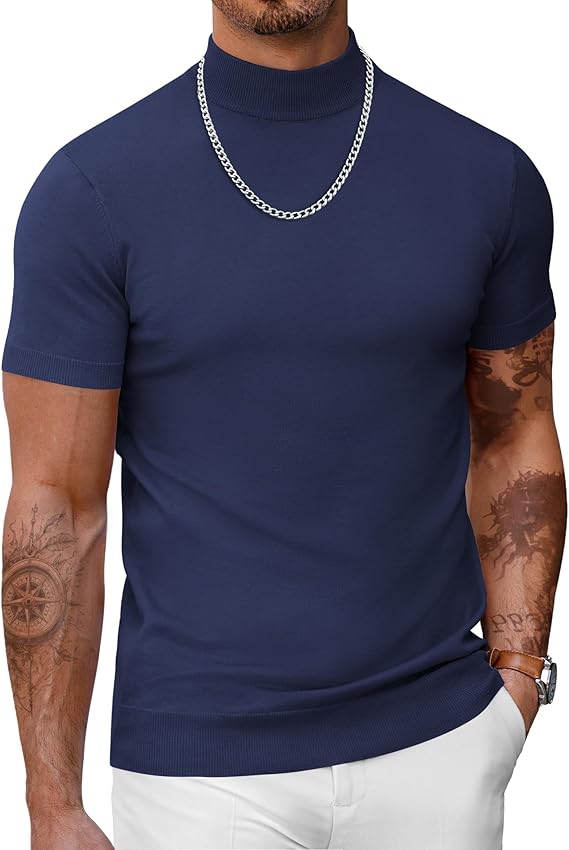 COOFANDY Mens Casual  Mock Turtleneck Sweater Short Sleeve