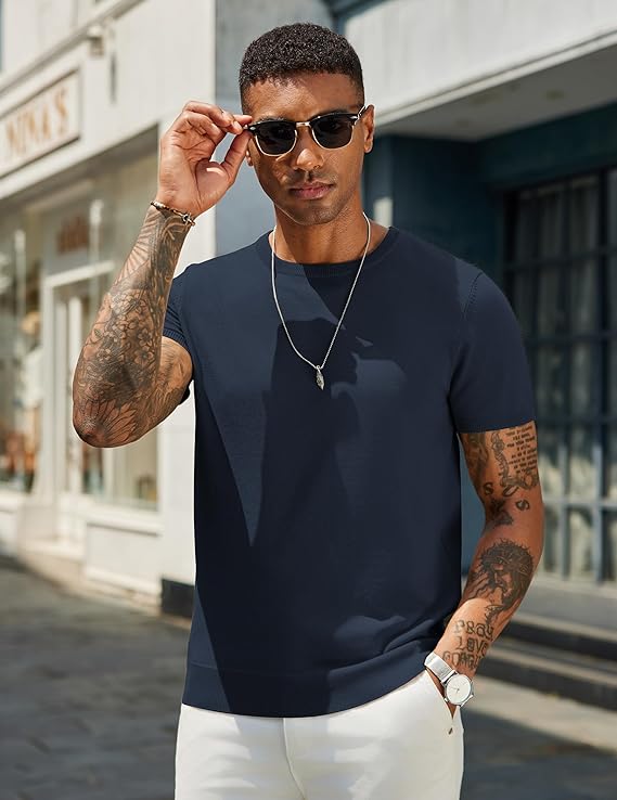COOFANDY Men's Crewneck Sweater Short Sleeve Casual Basic Tops Classic Fashion Knit Pullover Tees