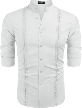 COOFANDY Men's Cuban Guayabera Shirts Casual Long Sleeve Button Down Shirts Band Collar Linen Summer Beach Shirts