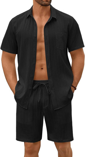 COOFANDY Mens Beach Outfits 2 Piece Sets Casual Short Sleeve Button Down Summer Textured Shirt