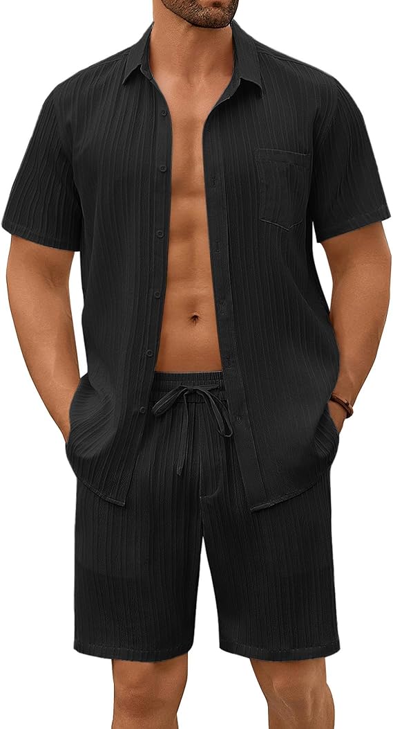 COOFANDY Mens Beach Outfits 2 Piece Sets Casual Short Sleeve Button Down Summer Textured Shirt