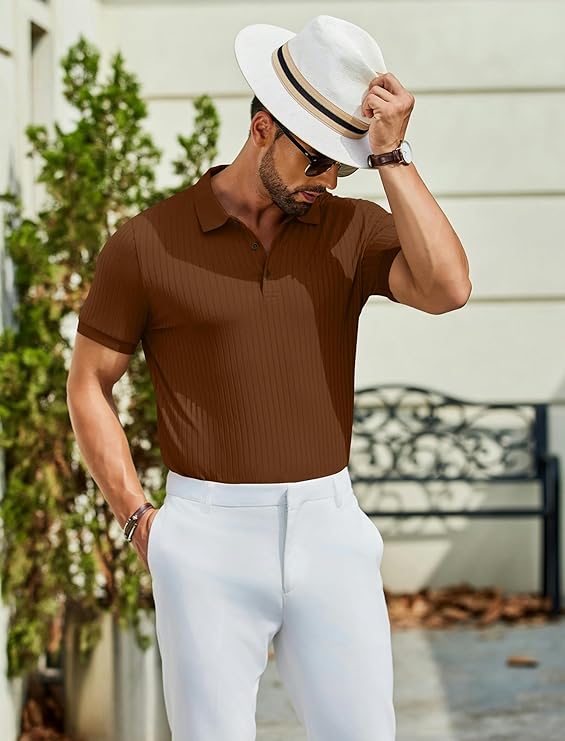 COOFANDY Men's Textured Polo Shirts Short Sleeve Slim Fit Casual Button Polo T-Shirt Summer Collared Golf Shirt