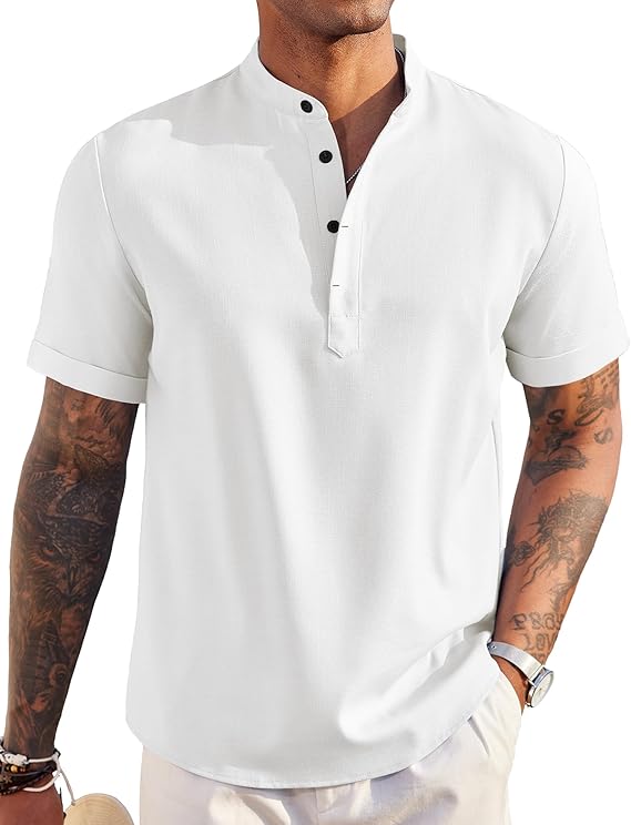 COOFANDY Men's Casual Cotton Shirts Band Collar Long Sleeve Beach Hippie T Shirts