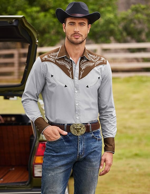 COOFANDY Men's Western Cowboy Shirt Embroidered Button Down Long Sleeve Shirts