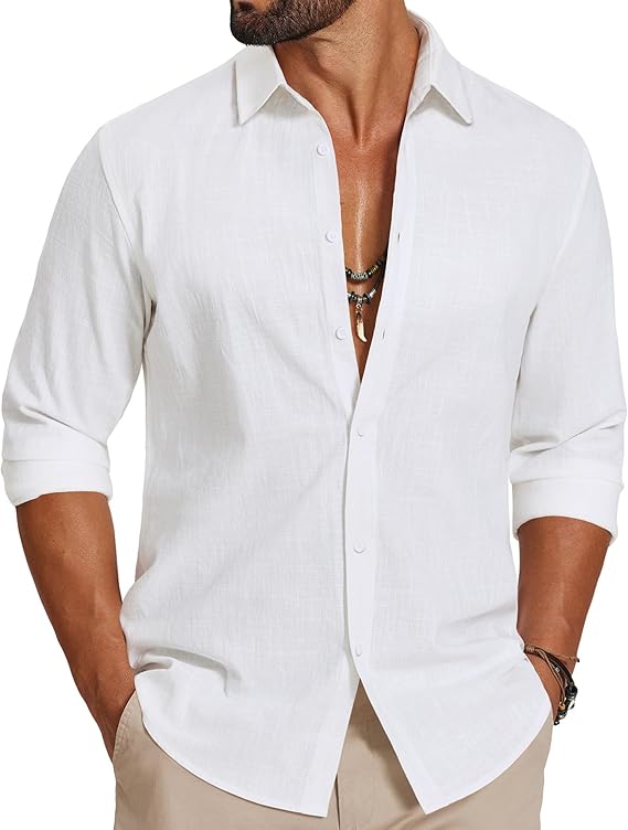 COOFANDY Men's Casual Button Down Shirts Long Sleeve Cotton Beach Wedding Shirt Summer Linen Shirt for Men