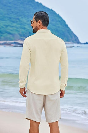 COOFANDY Men's Casual Button Down Shirts Long Sleeve Cotton Beach Wedding Shirt Summer Linen Shirt for Men