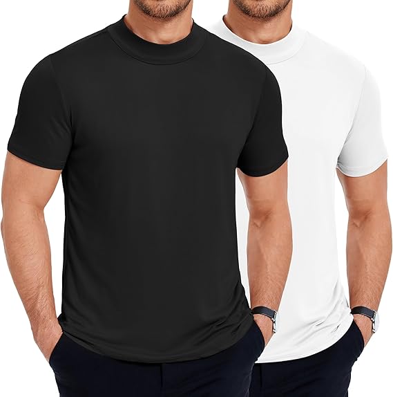 COOFANDY Men's Mock Turtleneck T Shirt Short Sleeve Slim Fit Basic Casual Undershirt Solid Color Pullover Tee