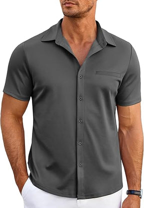 COOFANDY Men Button Up Short Sleeve Muscle Fit Stretch Dress Shirt Summer Casual Stylish Wrinkle Free Camp Tops Grey