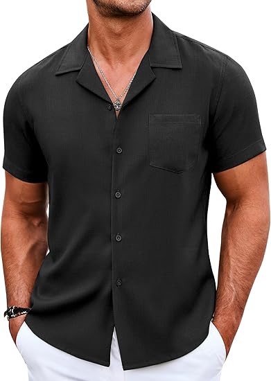 COOFANDY Men's Casual Button Down Short Sleeve Linen Beach Shirts with Pocket