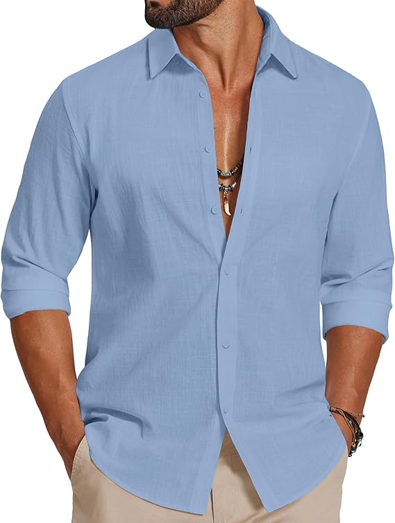 COOFANDY Men's Casual Button Down Shirts Long Sleeve Cotton Beach Wedding Shirt Summer Linen Shirt for Men