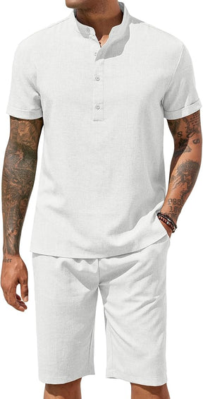 COOFANDY Men's 2 Pieces Set Short Sleeve Henley Shirts and Shorts Pants Texture Summer Beach Vacation Outfits