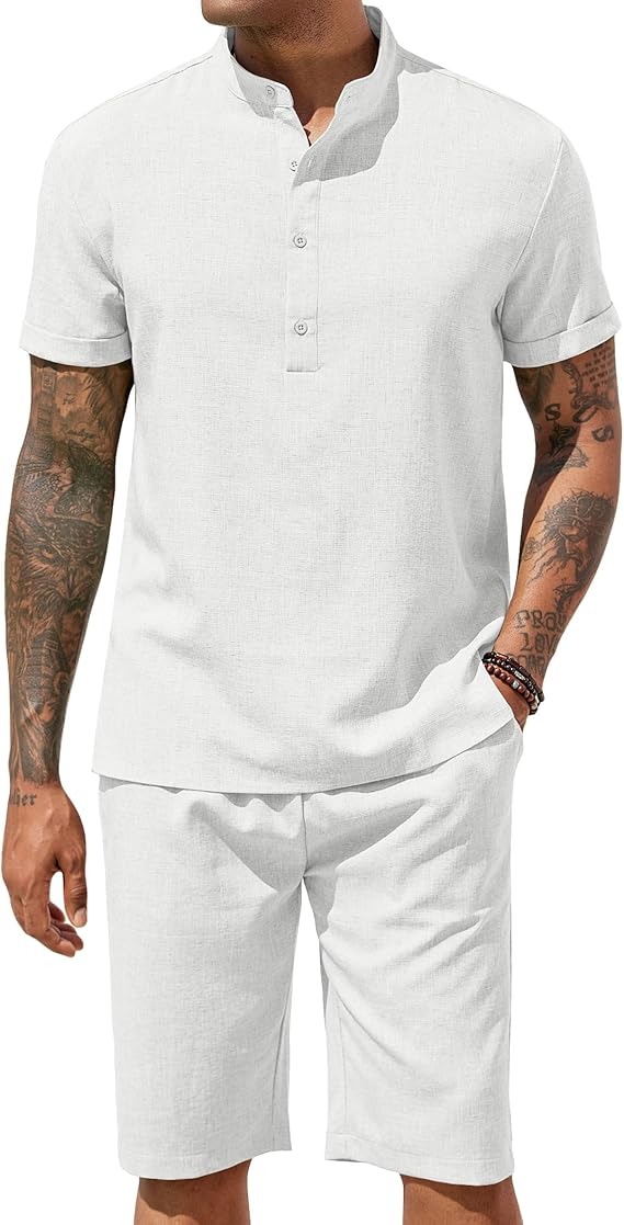 COOFANDY Men's 2 Pieces Set Short Sleeve Henley Shirts and Shorts Pants Texture Summer Beach Vacation Outfits