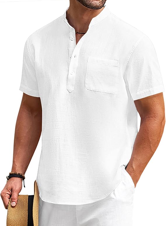 COOFANDY Cotton Linen Henley Shirt Short Sleeve T-Shirts