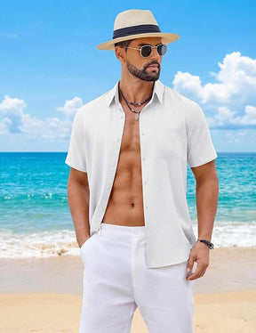 COOFANDY Mens Button Down Shirt Short Sleeve Casual Shirts Summer Beach Wedding Linen Shirt with Pocket