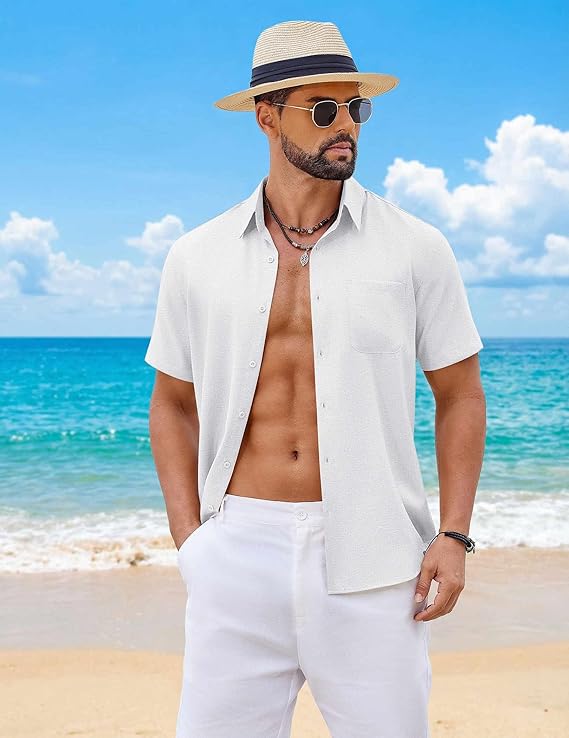 COOFANDY Mens Button Down Shirt Short Sleeve Casual Shirts Summer Beach Wedding Linen Shirt with Pocket