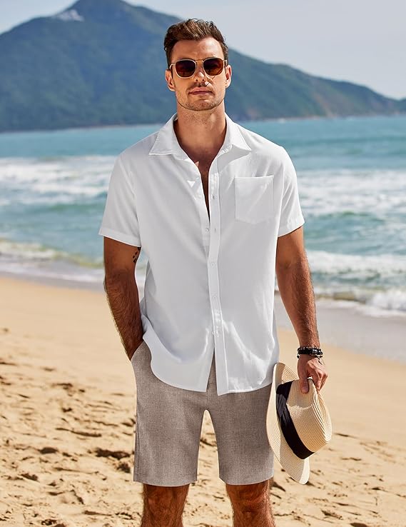 COOFANDY Mens Casual Shorts Elastic Waist Drawstring Shorts Summer Beach Linen Shorts