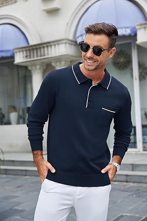 COOFANDY Mens Knit Polo Long Sleeve Collared Sweater Polo Business Casual Polos with Pocket