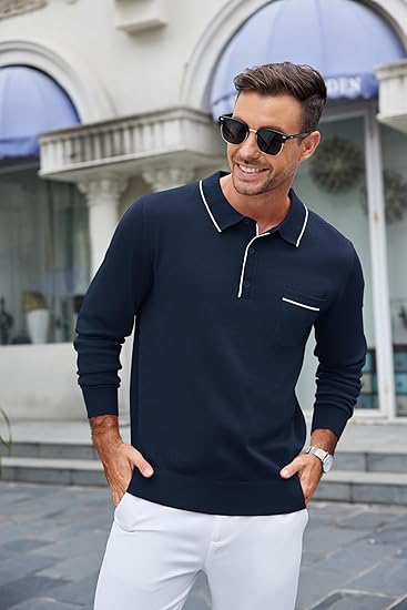 COOFANDY Mens Knit Polo Long Sleeve Collared Sweater Polo Business Casual Polos with Pocket