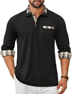 COOFANDY Men's Polo Shirt Long Sleeve Casual Button Polo Tee Plaid Collared Golg Shirt with Pocket