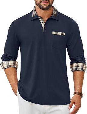 COOFANDY Men's Polo Shirt Long Sleeve Casual Button Polo Tee Plaid Collared Golg Shirt with Pocket