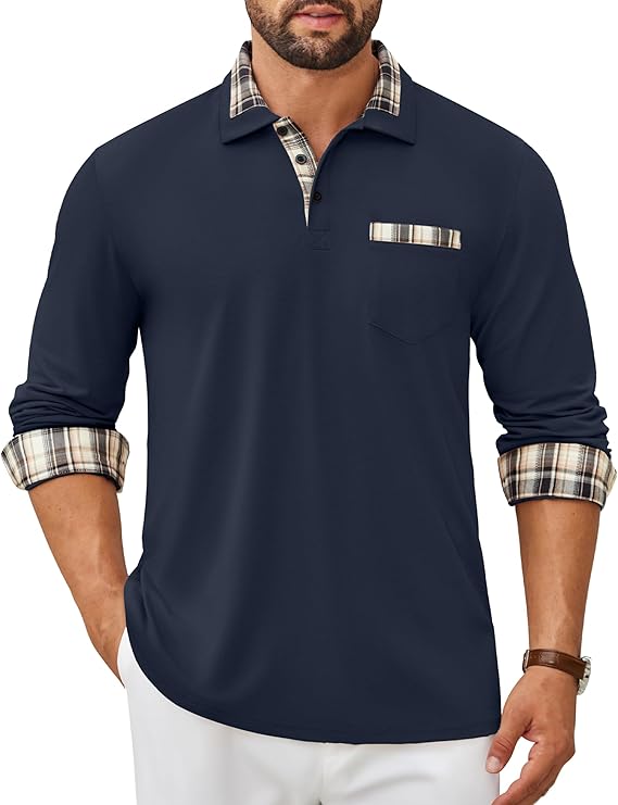 COOFANDY Men's Polo Shirt Long Sleeve Casual Button Polo Tee Plaid Collared Golg Shirt with Pocket